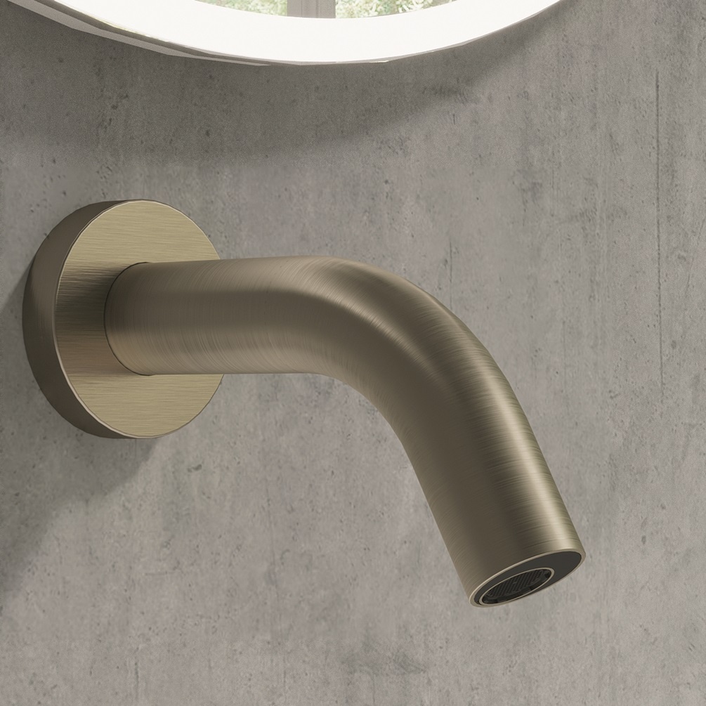 Product lifestyle image close up of Crosswater MPRO Sensor Brushed Brass 128mm Projection Wall Mounted Basin Spout PROX0160WF_135